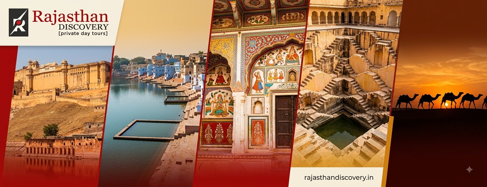 Amber Fort, stepwell, haveli art, camels at sunset